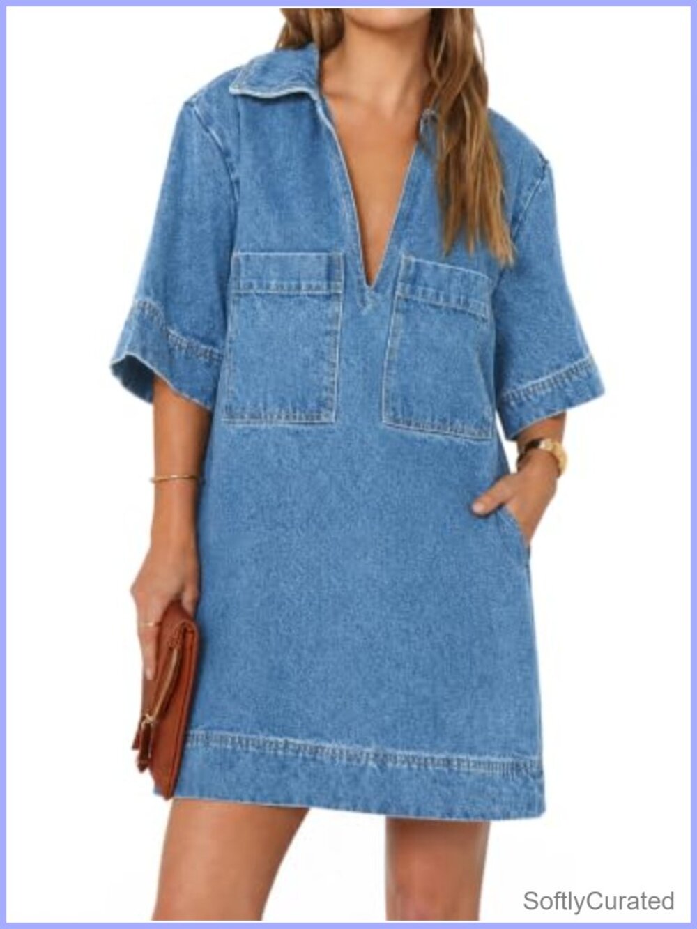 Womens Denim Shirt Dress Collared V Neck Mini Jean Dress Casual